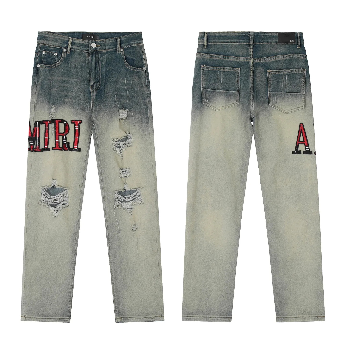 #M49 P168💰 Amiri classic embroidered patched leather distressed lettered jeans. Slim fit jeans. Produced by a major washed factory. Full of high-end feel. Partial destruction of the knees and patchwork design. Already used as a facade design. Leather waist nameplate. The focus of this style is not on the washing, but on the destroyed shape and version. The secret lies in the craftsmanship of the master. The cost of post-processing, grinding, cutting, etc. is far beyond the cost of assembly line products. Color: Picture color Size: 30-32-34-36