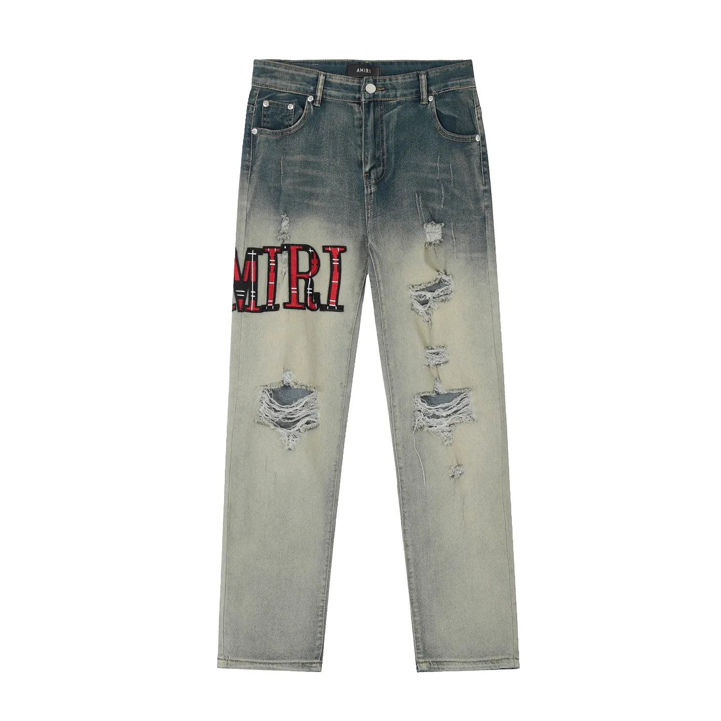 #M49 P168💰 Amiri classic embroidered patched leather distressed lettered jeans. Slim fit jeans. Produced by a major washed factory. Full of high-end feel. Partial destruction of the knees and patchwork design. Already used as a facade design. Leather waist nameplate. The focus of this style is not on the washing, but on the destroyed shape and version. The secret lies in the craftsmanship of the master. The cost of post-processing, grinding, cutting, etc. is far beyond the cost of assembly line products. Color: Picture color Size: 30-32-34-36