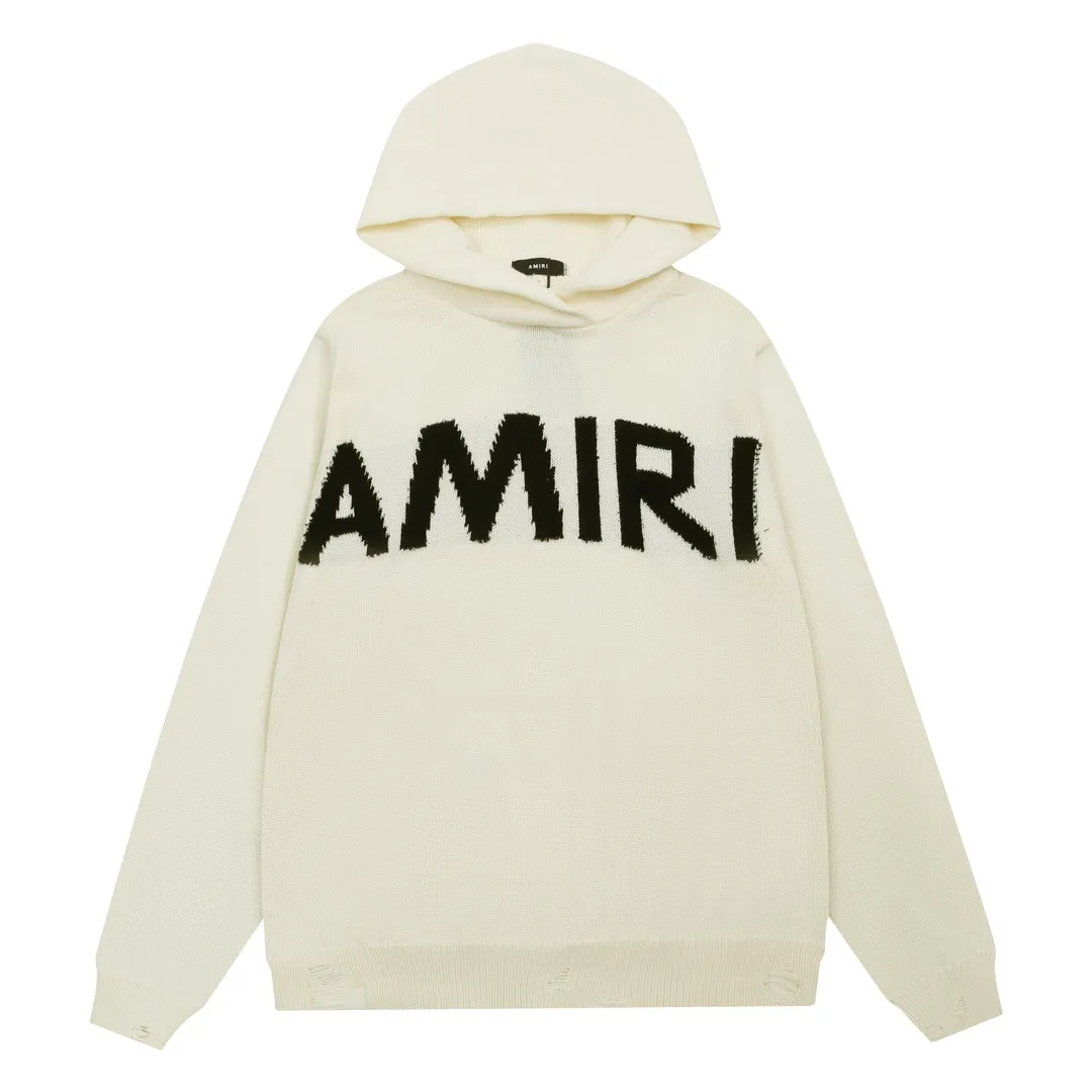 P300 AMIRI New Letter Logo Jacquard Tassel Destroyed Hole Hooded Sweater Color: White Black Size: S M L XL XXL