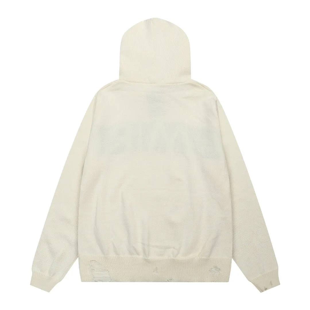 P300 AMIRI New Letter Logo Jacquard Tassel Destroyed Hole Hooded Sweater Color: White Black Size: S M L XL XXL