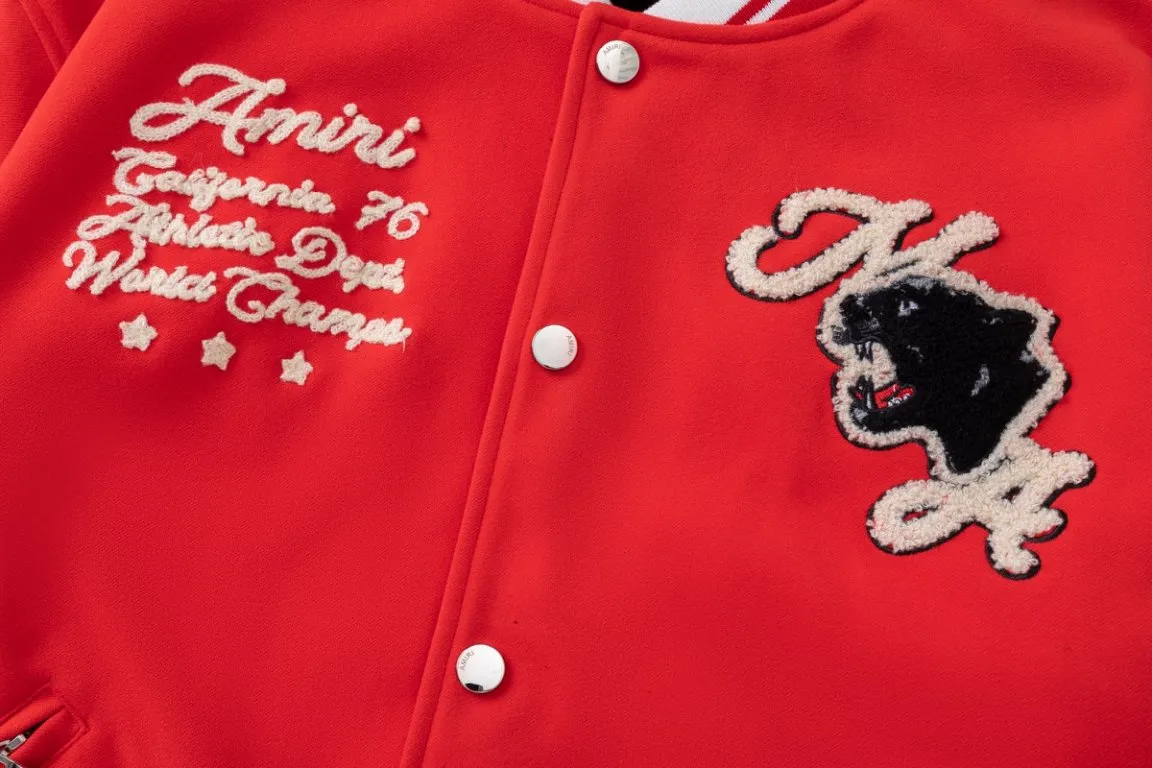 7185#P456, AMIRI leopard head towel embroidered logo, color: Chinese red, size: S M L XL