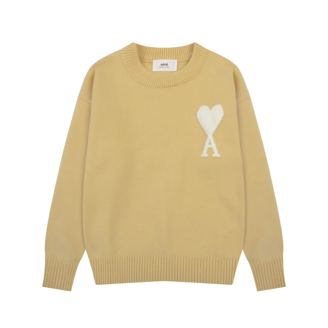 A8143# AMI Paris 2023 new autumn and winter big love alpaca blended soft and waxy knitted round neck cloud sweater Oversize version for men and women Color: blue yellow pink purple gray Size: S-XL