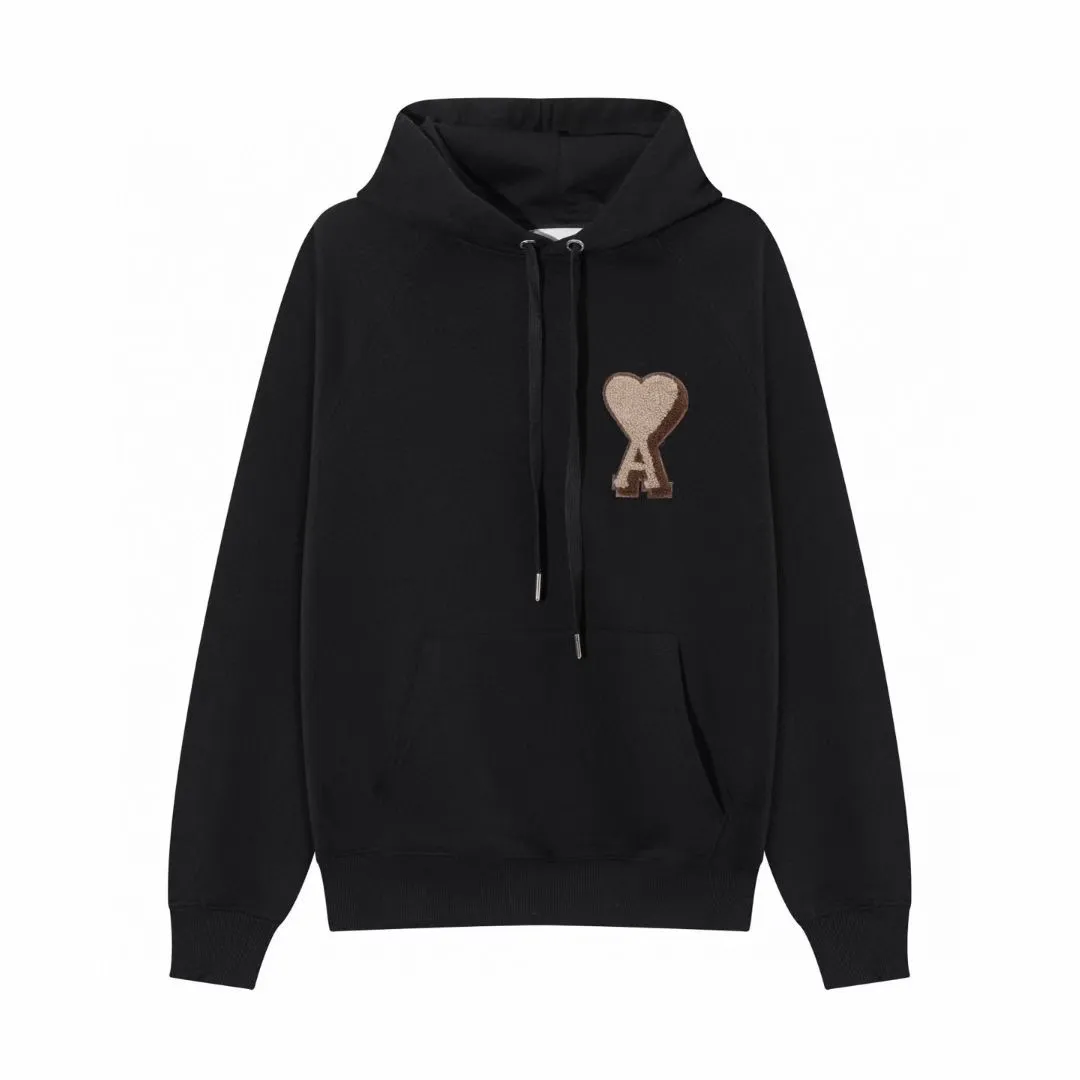 680# AMI PARIS 2025 [New products for autumn and winter] Towel embroidered with big love heart Towel embroidered raglan Hooded pullover sweatshirt Customized 360g pure cotton fabric YP replica New main wheat Washable wheat QR code can be scanned Same style for men and women Color: black Size: S-XL