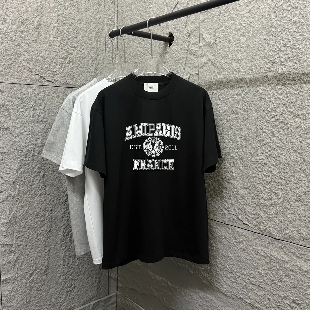 🅿️180 Ami* 2025 spring and summer new style Ami letter flocking technology Customized double yarn plain cotton fabric Short-sleeved T-shirt Uniform for men and women Color: black white floral gray Size: S (90-130 catties) M (120-150 catties) L (140-165 catties) XL (160-180 catties) XXL (180-210 pounds)