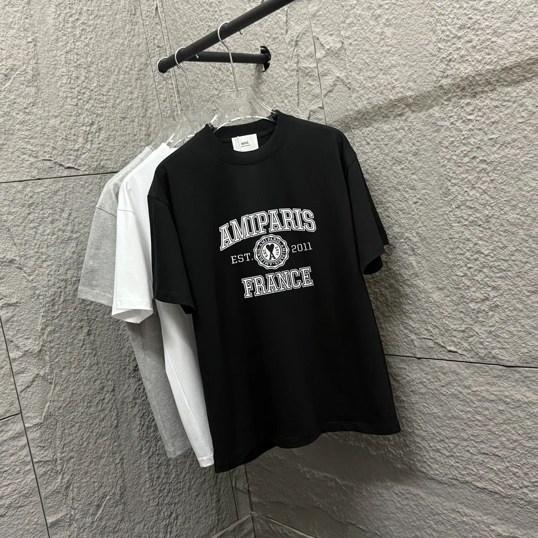 🅿️180 Ami* 2025 spring and summer new style Ami letter flocking technology Customized double yarn plain cotton fabric Short-sleeved T-shirt Uniform for men and women Color: black white floral gray Size: S (90-130 catties) M (120-150 catties) L (140-165 catties) XL (160-180 catties) XXL (180-210 pounds)