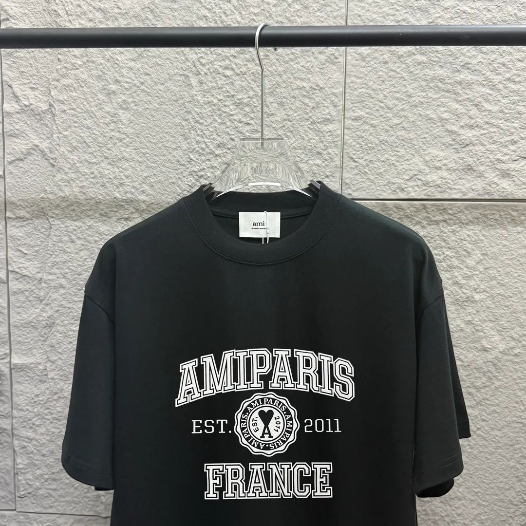 🅿️180 Ami* 2025 spring and summer new style Ami letter flocking technology Customized double yarn plain cotton fabric Short-sleeved T-shirt Uniform for men and women Color: black white floral gray Size: S (90-130 catties) M (120-150 catties) L (140-165 catties) XL (160-180 catties) XXL (180-210 pounds)