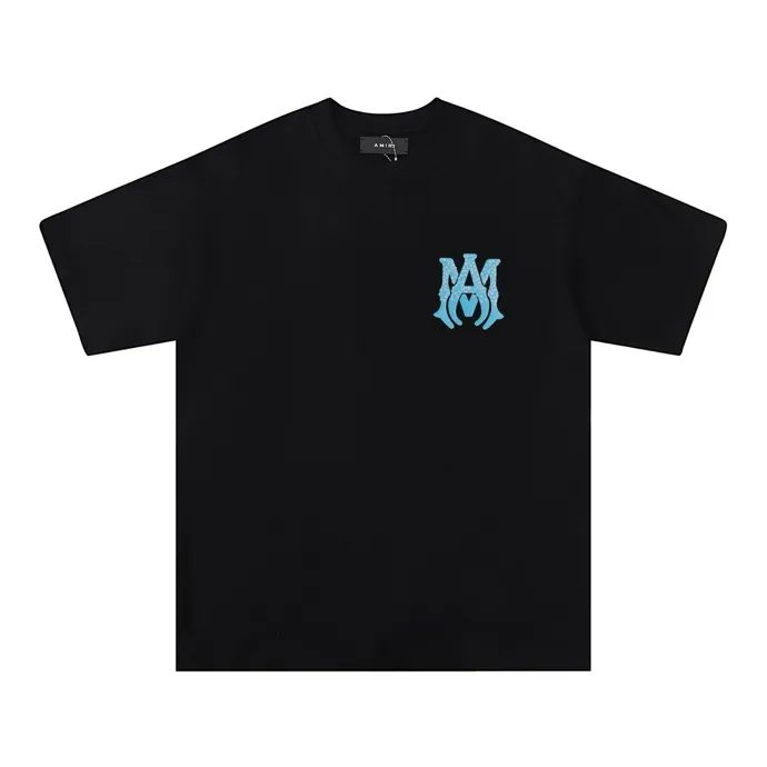 P126 Fabric: 260g double yarn AMIRI 2025 spring and summer new logo round neck T-shirt high street same style for men and women loose classic letter hot silver print short sleeves Color: black. White Size: S M L XL