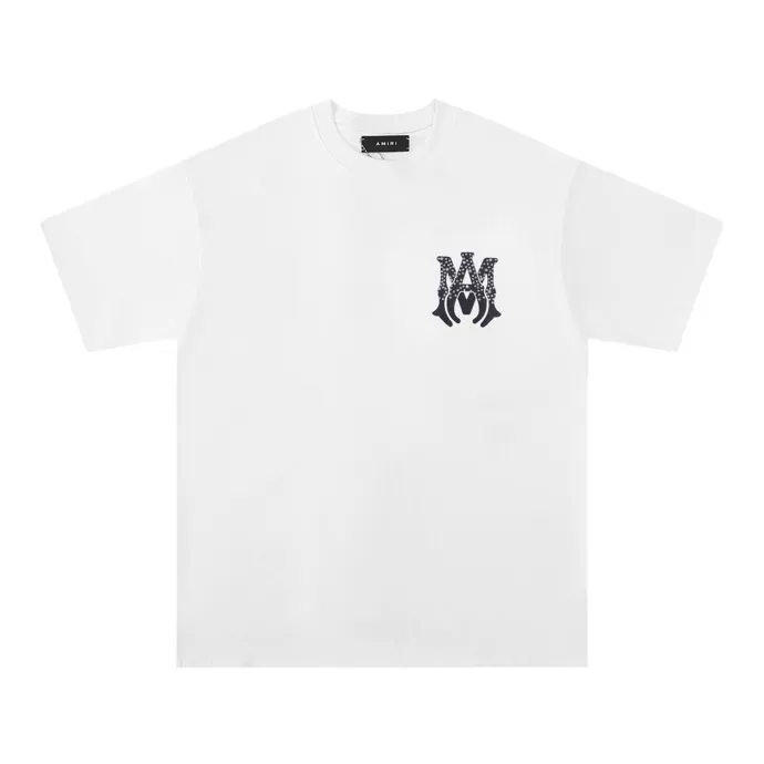 P126 Fabric: 260g double yarn AMIRI 2025 spring and summer new logo round neck T-shirt high street same style for men and women loose classic letter hot silver print short sleeves Color: black. White Size: S M L XL