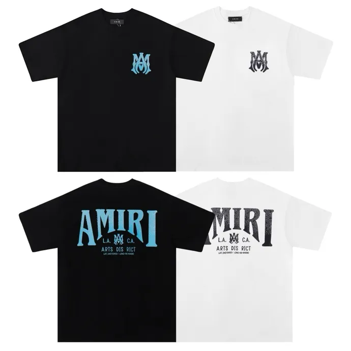 P126 Fabric: 260g double yarn AMIRI 2025 spring and summer new logo round neck T-shirt high street same style for men and women loose classic letter hot silver print short sleeves Color: black. White Size: S M L XL
