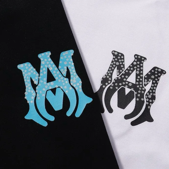 P126 Fabric: 260g double yarn AMIRI 2025 spring and summer new logo round neck T-shirt high street same style for men and women loose classic letter hot silver print short sleeves Color: black. White Size: S M L XL