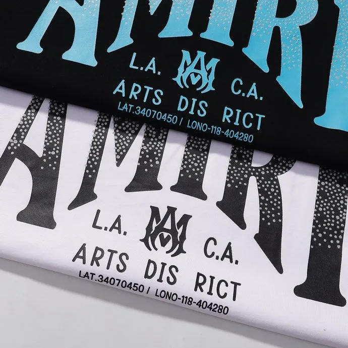 P126 Fabric: 260g double yarn AMIRI 2025 spring and summer new logo round neck T-shirt high street same style for men and women loose classic letter hot silver print short sleeves Color: black. White Size: S M L XL