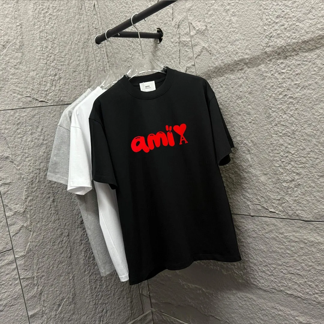 🅿️180 Ami Love 2025 Spring and Summer Style Classic and simple red flocking three-dimensional love letter personalized logo Customized double yarn plain cotton fabric Short-sleeved T-shirt Unisex Color: Black White Size: S (90-130 catties) M (120-150 catties) L (140-165 catties) XL (160-180 catties) XXL (180-210 pounds)