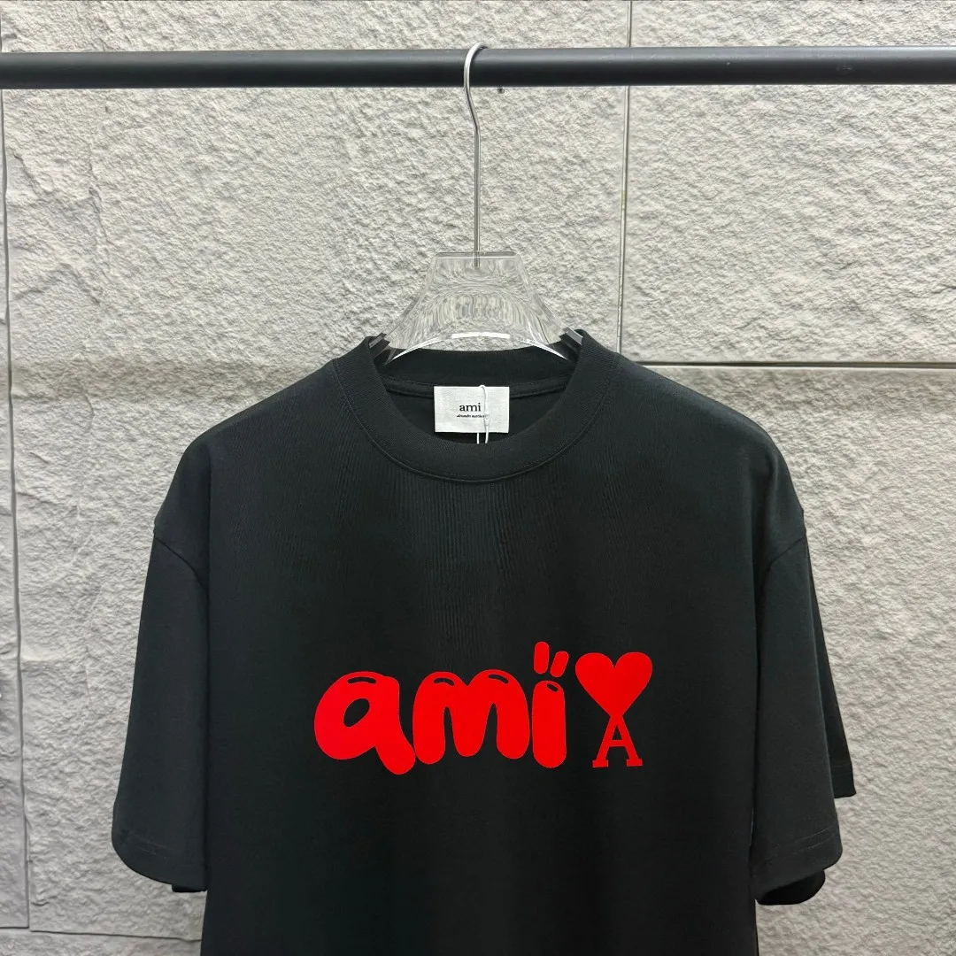 🅿️180 Ami Love 2025 Spring and Summer Style Classic and simple red flocking three-dimensional love letter personalized logo Customized double yarn plain cotton fabric Short-sleeved T-shirt Unisex Color: Black White Size: S (90-130 catties) M (120-150 catties) L (140-165 catties) XL (160-180 catties) XXL (180-210 pounds)