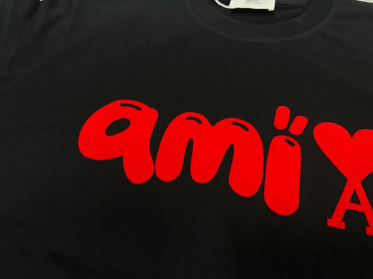 🅿️180 Ami Love 2025 Spring and Summer Style Classic and simple red flocking three-dimensional love letter personalized logo Customized double yarn plain cotton fabric Short-sleeved T-shirt Unisex Color: Black White Size: S (90-130 catties) M (120-150 catties) L (140-165 catties) XL (160-180 catties) XXL (180-210 pounds)