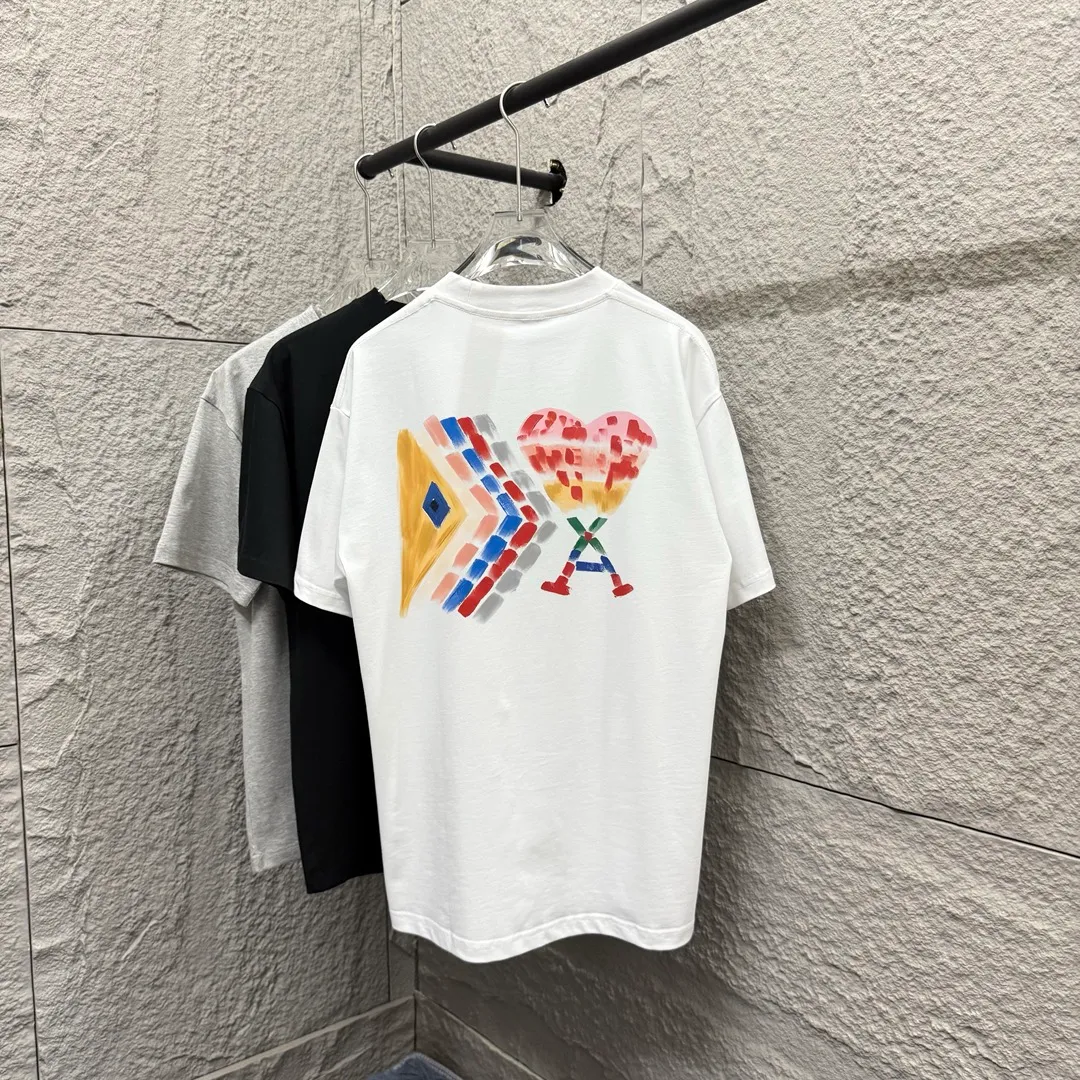 🅿️180 Ami* 2025 spring and summer new Ami rainbow love print Customized double yarn plain cotton fabric Short-sleeved T-shirt Unisex Color: Black White Floral Gray Angora Red Size: S (90-130 catties) M (120-150 catties) L (140-165 catties) XL (160-180 catties) XXL (180-210 pounds)