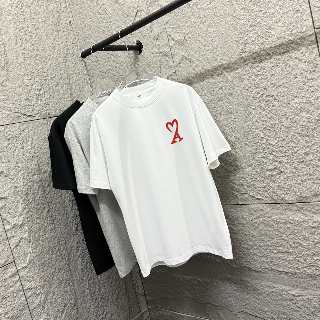 🅿️180 Ami* 2025 spring and summer new Ami rainbow love print Customized double yarn plain cotton fabric Short-sleeved T-shirt Unisex Color: Black White Floral Gray Angora Red Size: S (90-130 catties) M (120-150 catties) L (140-165 catties) XL (160-180 catties) XXL (180-210 pounds)