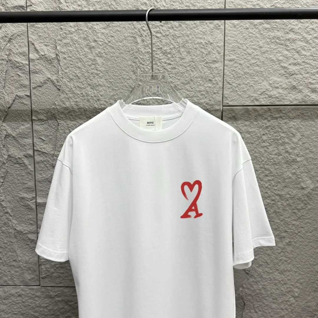 🅿️180 Ami* 2025 spring and summer new Ami rainbow love print Customized double yarn plain cotton fabric Short-sleeved T-shirt Unisex Color: Black White Floral Gray Angora Red Size: S (90-130 catties) M (120-150 catties) L (140-165 catties) XL (160-180 catties) XXL (180-210 pounds)
