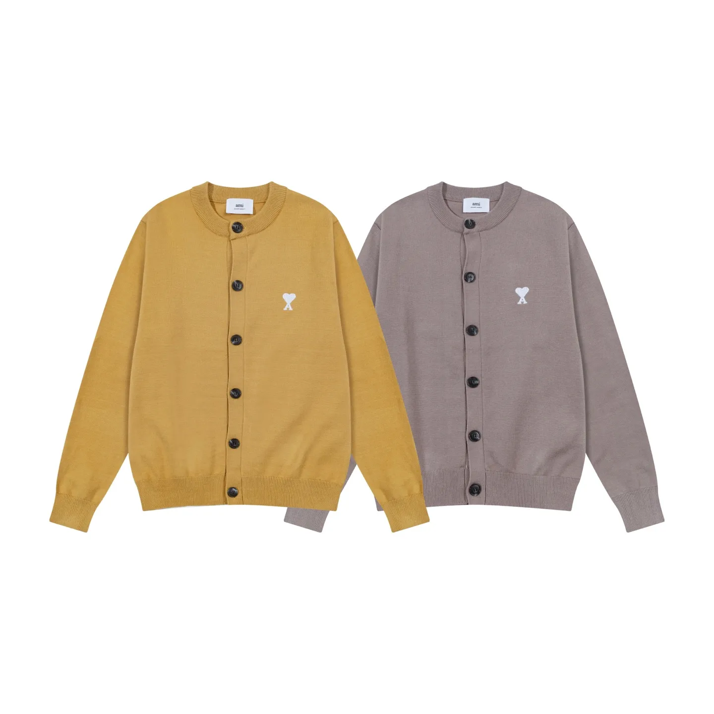 A8190# Ami Paris 2025 autumn and winter new product small love white heart embroidered cardigan round neck wool 12-needle sweater thin sweater for men and women, color: yellow gray, size: S-XL