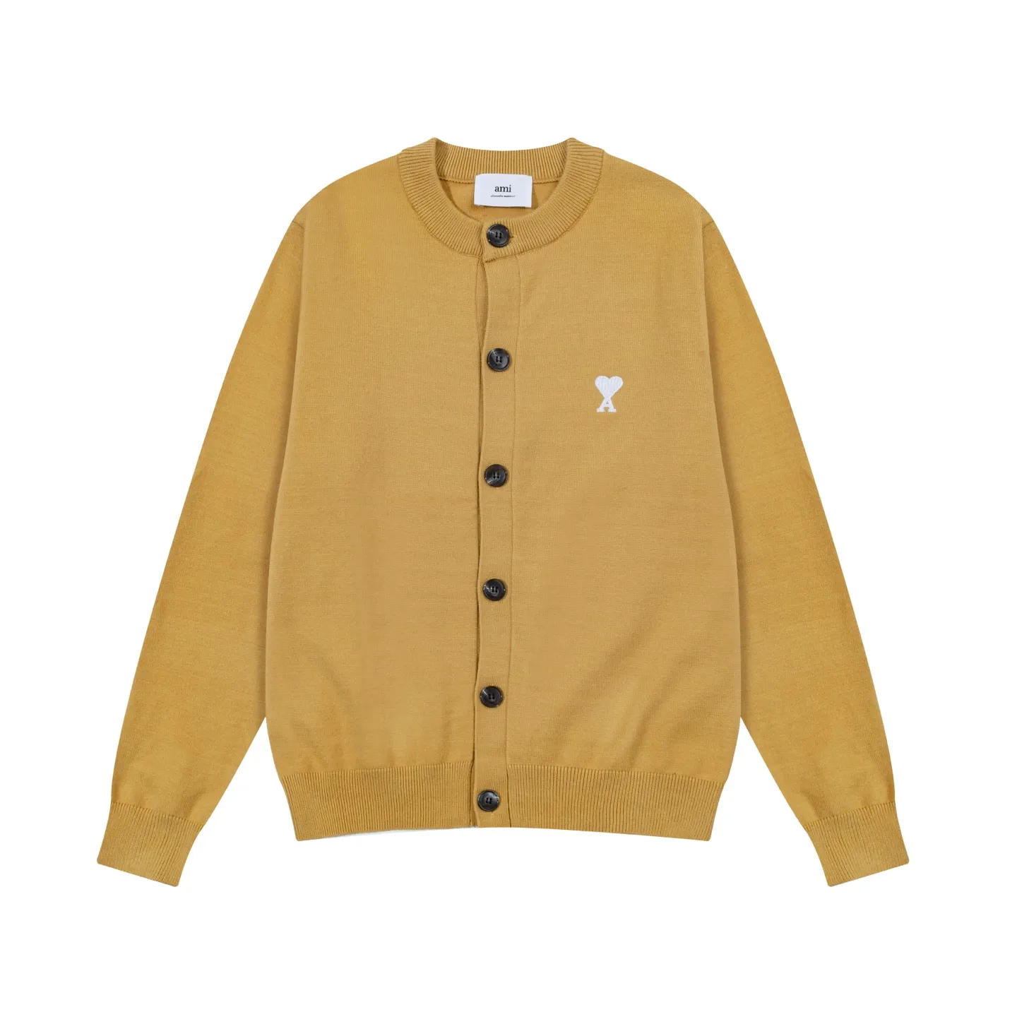 A8190# Ami Paris 2025 autumn and winter new product small love white heart embroidered cardigan round neck wool 12-needle sweater thin sweater for men and women, color: yellow gray, size: S-XL
