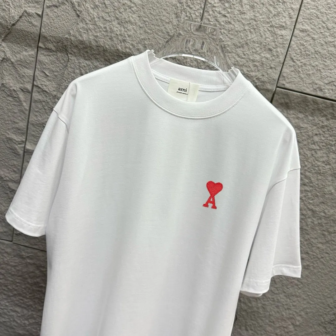 🅿️180 Ami* 2025 spring and summer new style Embroidered red love Customized double yarn plain cotton fabric Short-sleeved T-shirt Uniform for men and women Color: black white light blue light pink Size: S (90-130 pounds) M (120-150 pounds) L (140-165 pounds) XL (160-180 pounds) XXL (180-210 pounds)