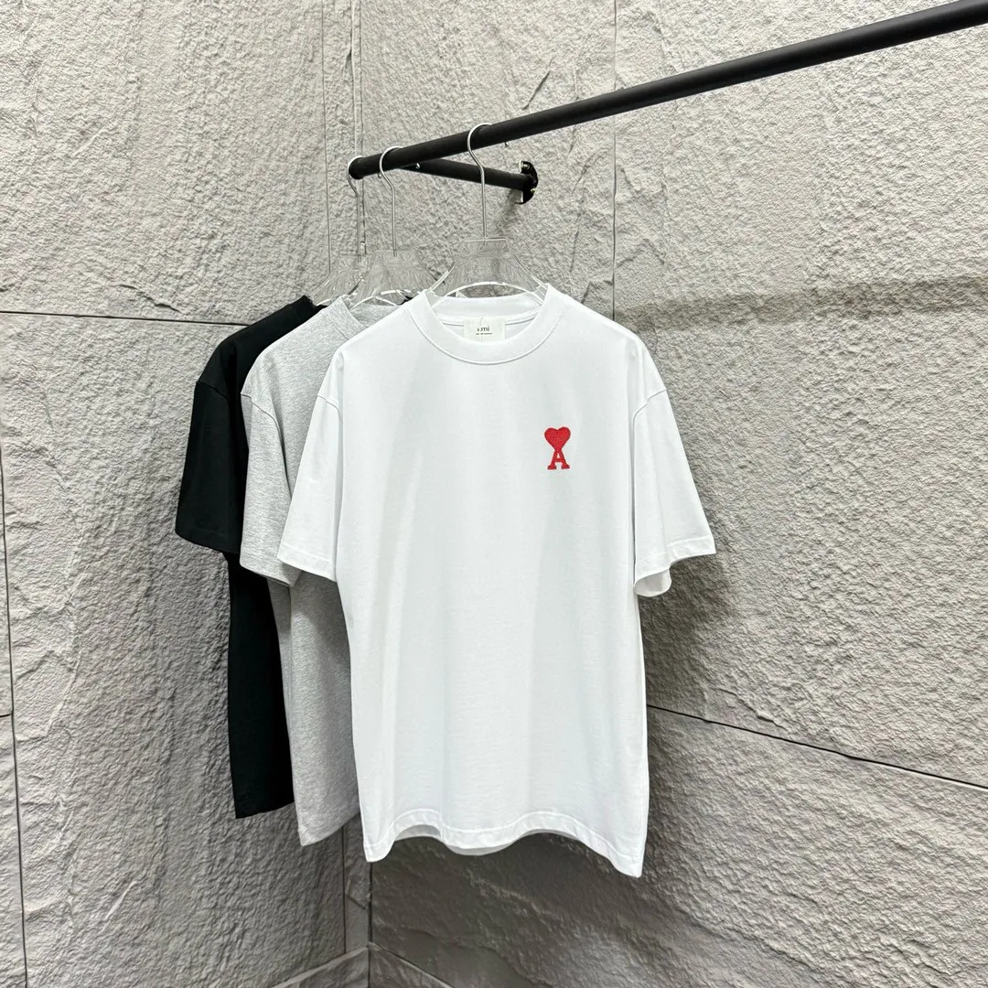 🅿️180 Ami* 2025 spring and summer new style Embroidered red love Customized double yarn plain cotton fabric Short-sleeved T-shirt Uniform for men and women Color: black white light blue light pink Size: S (90-130 pounds) M (120-150 pounds) L (140-165 pounds) XL (160-180 pounds) XXL (180-210 pounds)