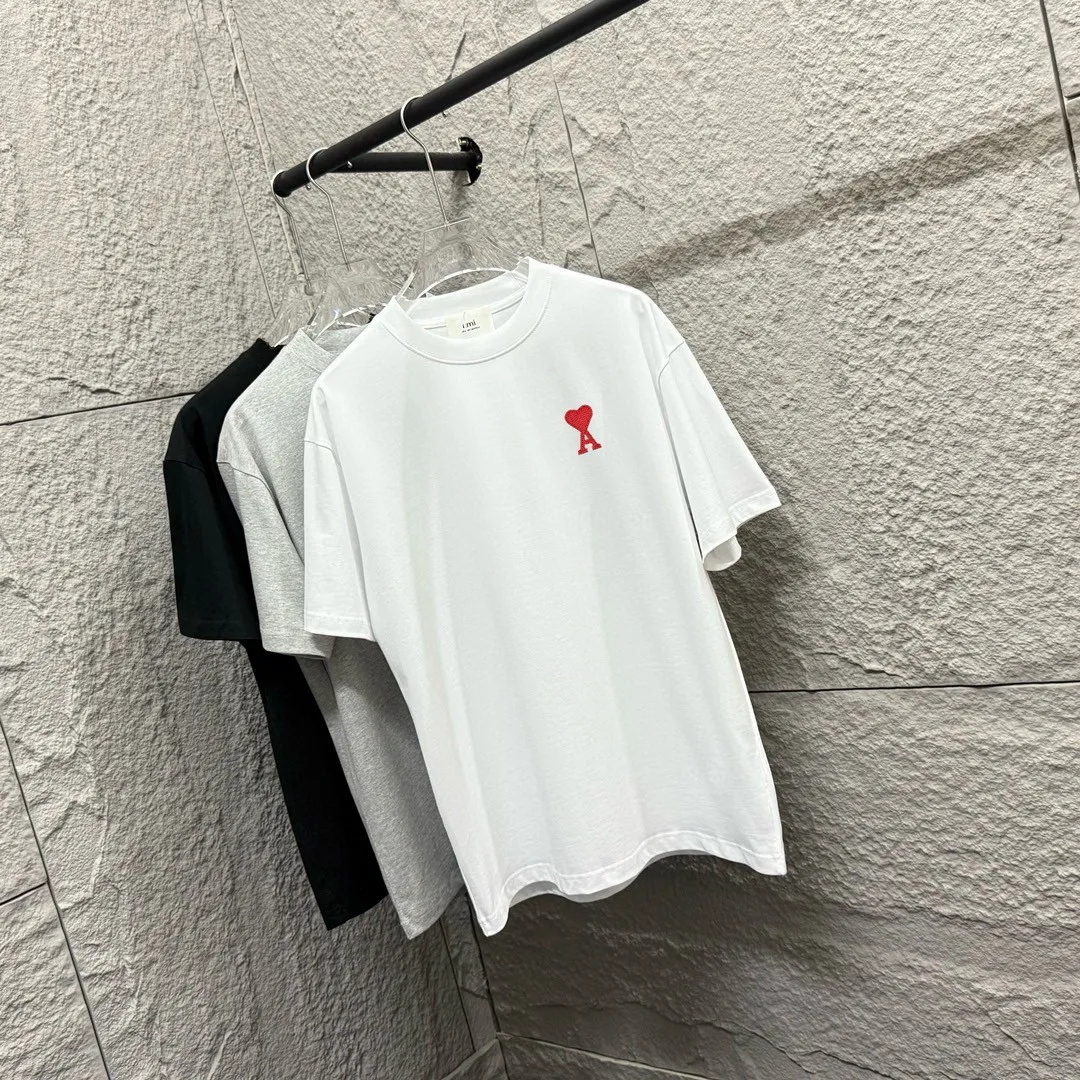 🅿️180 Ami* 2025 spring and summer new style Embroidered red love Customized double yarn plain cotton fabric Short-sleeved T-shirt Uniform for men and women Color: black white light blue light pink Size: S (90-130 pounds) M (120-150 pounds) L (140-165 pounds) XL (160-180 pounds) XXL (180-210 pounds)