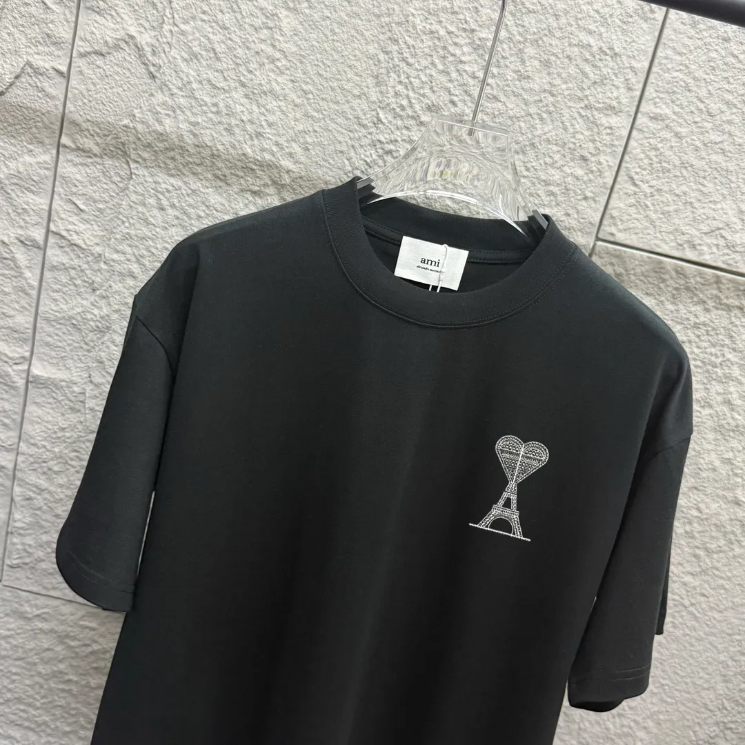 🅿️180 Ami* Love Embroidery 2025 Spring and Summer New Love Tower A embroidered letter pattern Customized double yarn plain cotton fabric Short-sleeved T-shirt Uniform for men and women Color: White Angora Red Black Size: S (90-130 catties) M (120-150 catties) L (140-165 catties) XL (160-180 catties) XXL (180-210 pounds)
