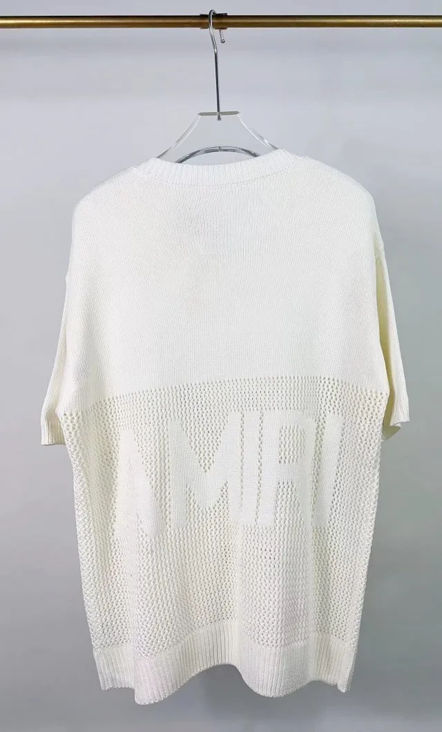 P200 AMIRI new short-sleeved sweater with jacquard logo on the front and back 🈵hollow body with heavy craftsmanship Color: Black Pearl White Size: S M L XL XXL
