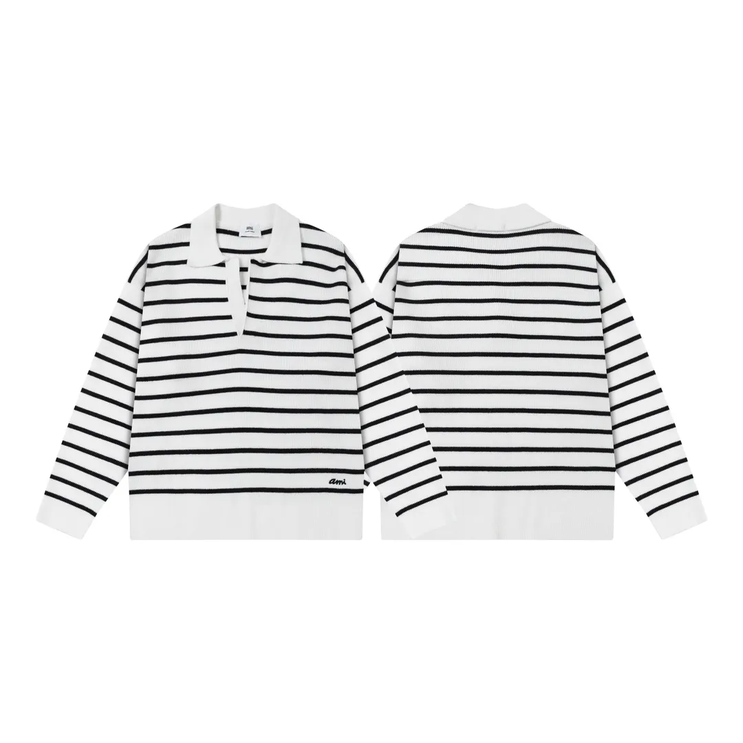 8181# Ami Paris 2024 autumn and winter new designer ami letter embroidered striped knitted lapel wool POLO collar pullover sweater for men and women. Color: White Size S-XL