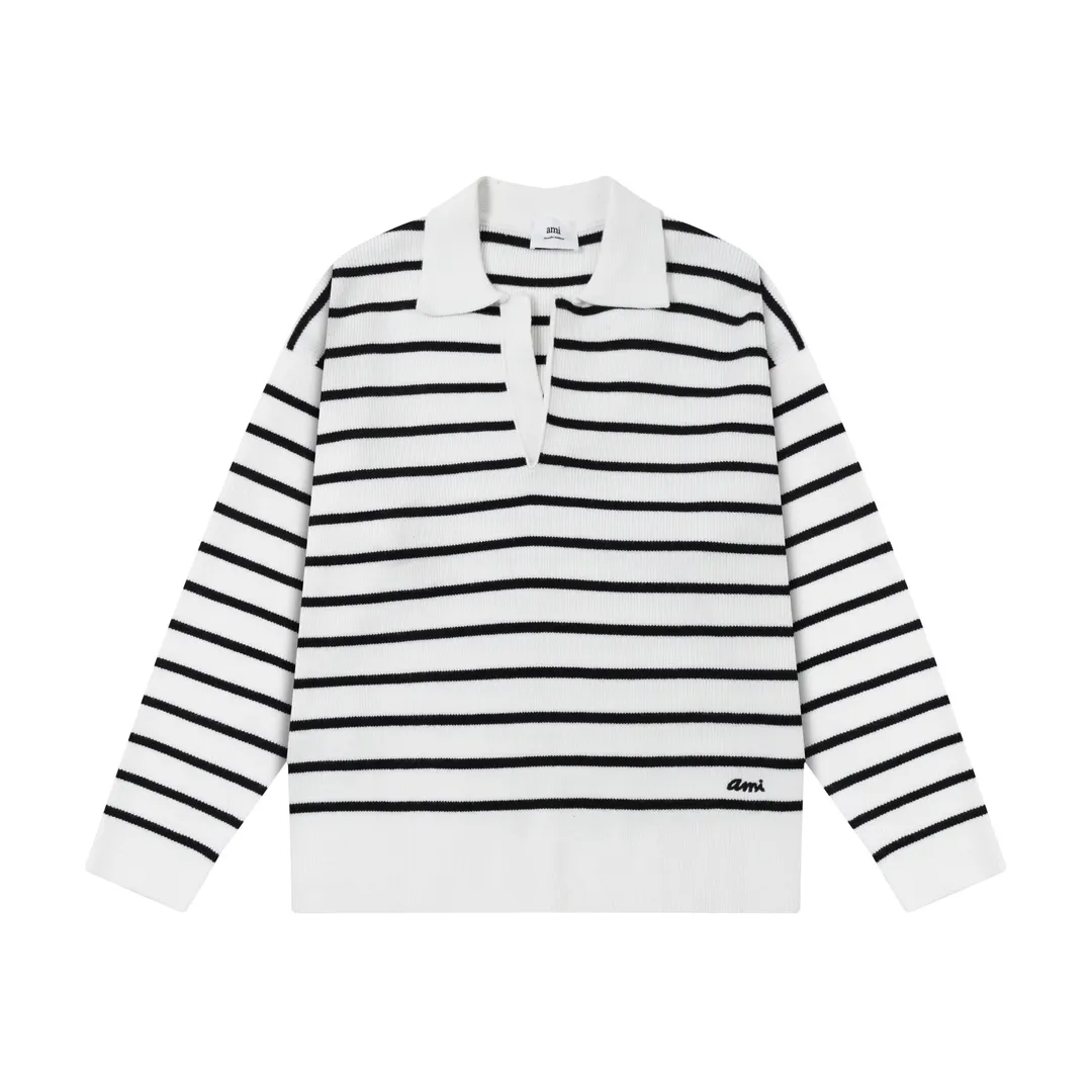 8181# Ami Paris 2024 autumn and winter new designer ami letter embroidered striped knitted lapel wool POLO collar pullover sweater for men and women. Color: White Size S-XL