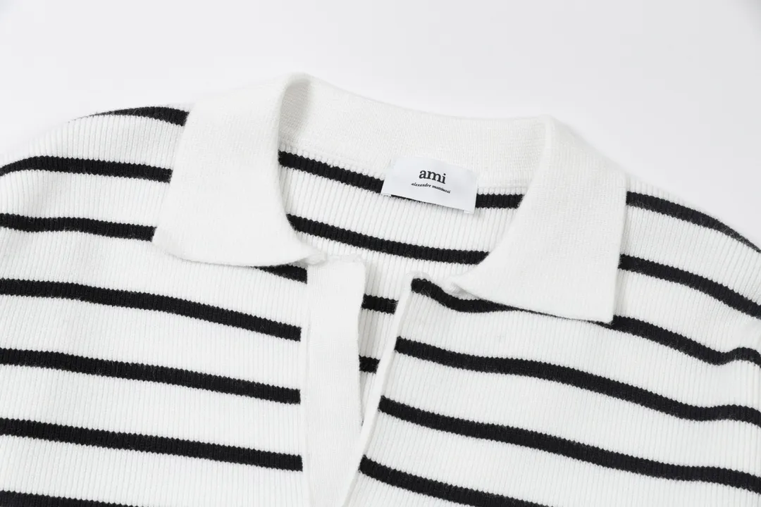 8181# Ami Paris 2024 autumn and winter new designer ami letter embroidered striped knitted lapel wool POLO collar pullover sweater for men and women. Color: White Size S-XL
