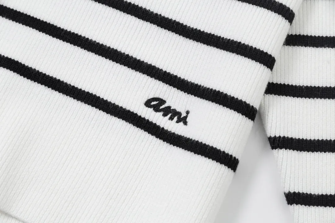 8181# Ami Paris 2024 autumn and winter new designer ami letter embroidered striped knitted lapel wool POLO collar pullover sweater for men and women. Color: White Size S-XL