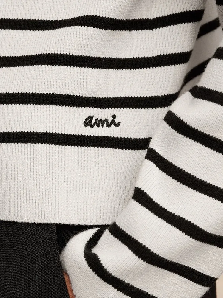 8181# Ami Paris 2024 autumn and winter new designer ami letter embroidered striped knitted lapel wool POLO collar pullover sweater for men and women. Color: White Size S-XL