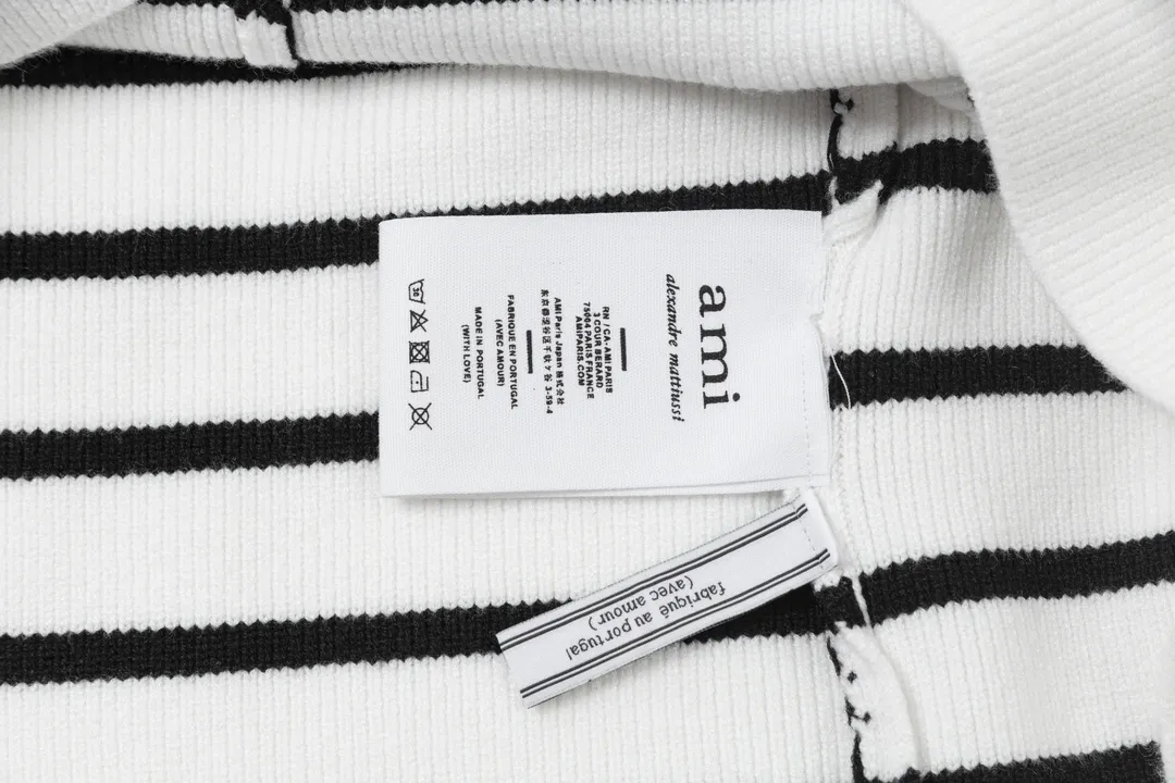 8181# Ami Paris 2024 autumn and winter new designer ami letter embroidered striped knitted lapel wool POLO collar pullover sweater for men and women. Color: White Size S-XL