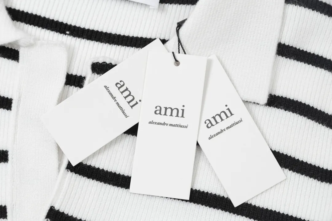 8181# Ami Paris 2024 autumn and winter new designer ami letter embroidered striped knitted lapel wool POLO collar pullover sweater for men and women. Color: White Size S-XL