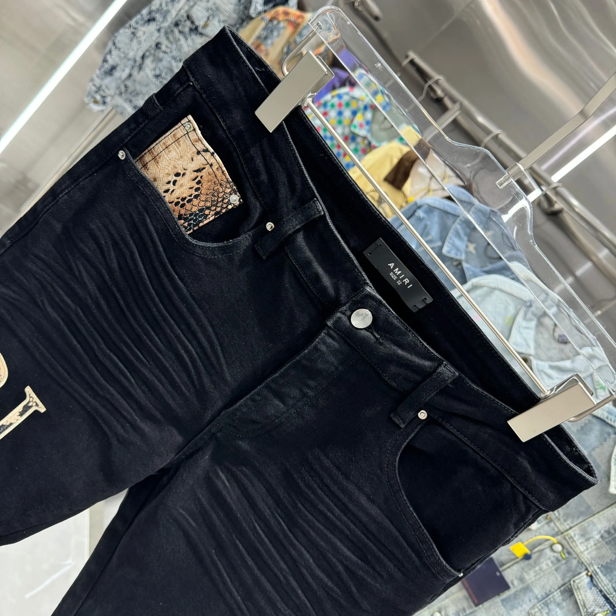 P290 Amiri letter embroidered slim fit stretch jeans Color Black Size 30 32 34 36 38