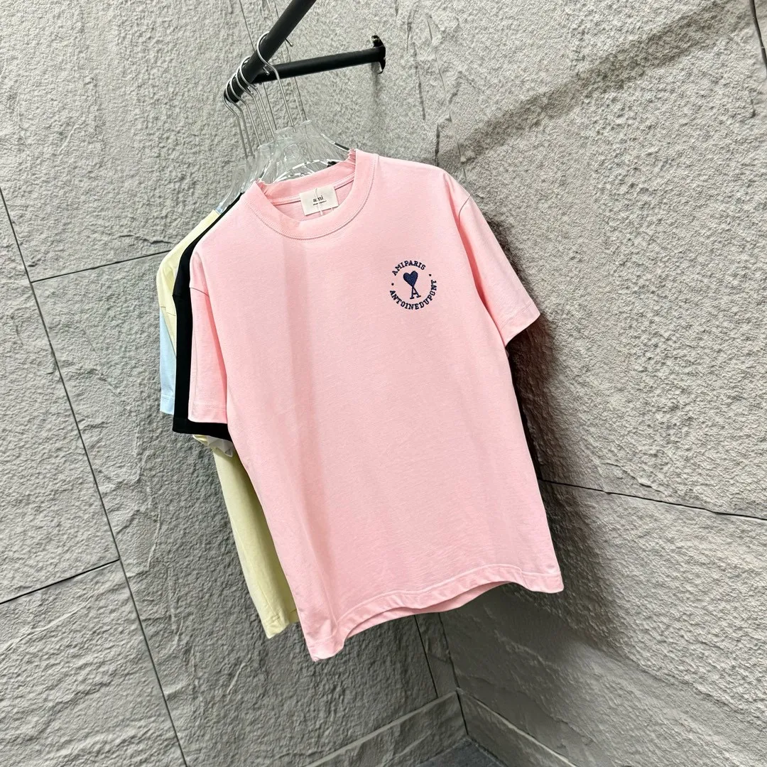 🅿️180 Ami* 2025 Spring and Summer New Style Embroidered Circle Little Love Customized Double Yarn Plain Cotton Fabric Short Sleeve T-shirt Unisex Color: Black White Light Blue Light Pink Size: S (90-130 catties) M (120-150 catties) L (140-165 catties) XL (160-180 catties) XXL (180-210 pounds)
