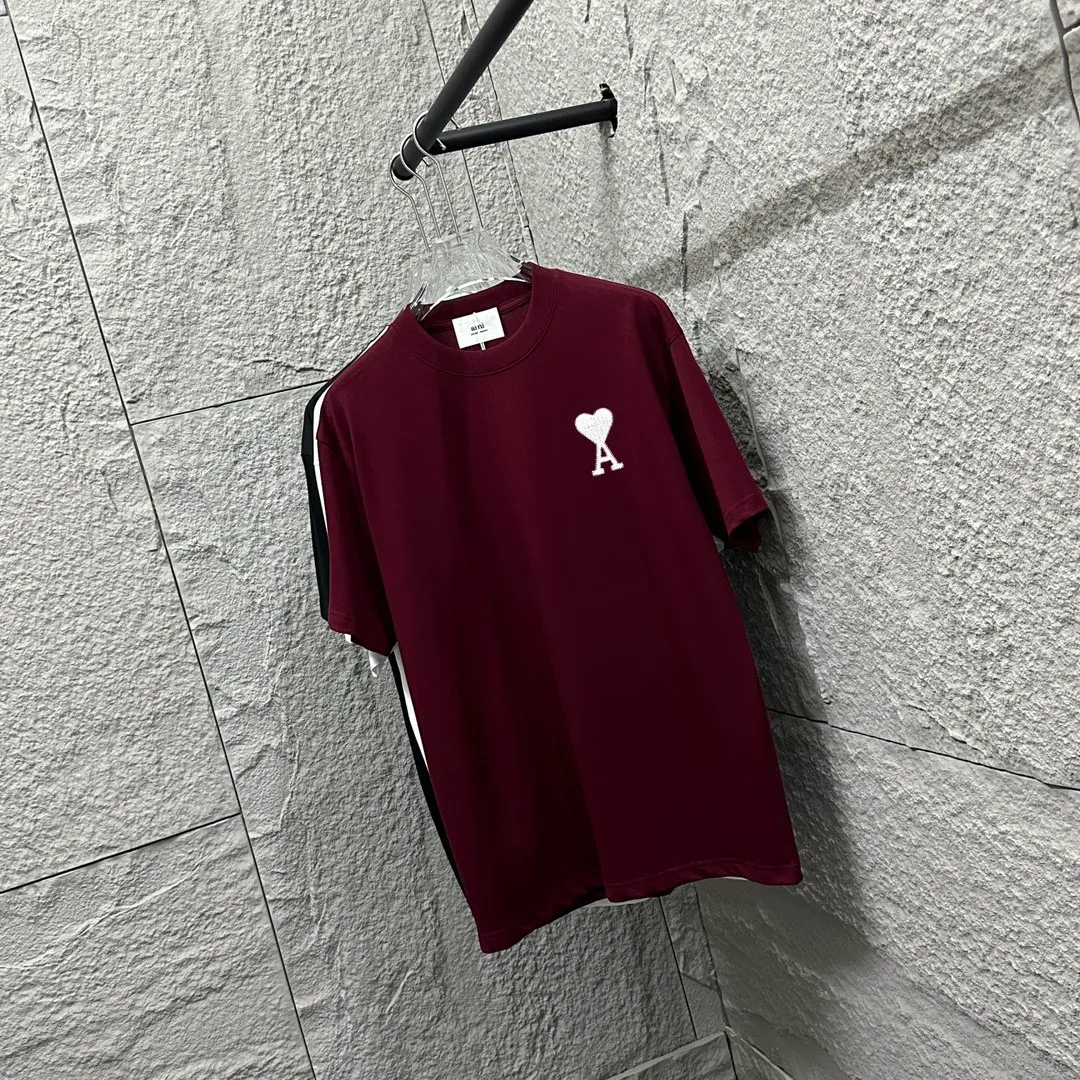 🅿️180 Ami* 2025 spring and summer new short-sleeved T-shirt, simple and classic embroidery with big love details, customized double yarn plain cotton fabric, same style for men and women. Color: black white Angora red Size: S (90-130 catties) M (120-150 catties) L (140-165 catties) XL (160-180 catties) XXL (180-210 pounds)