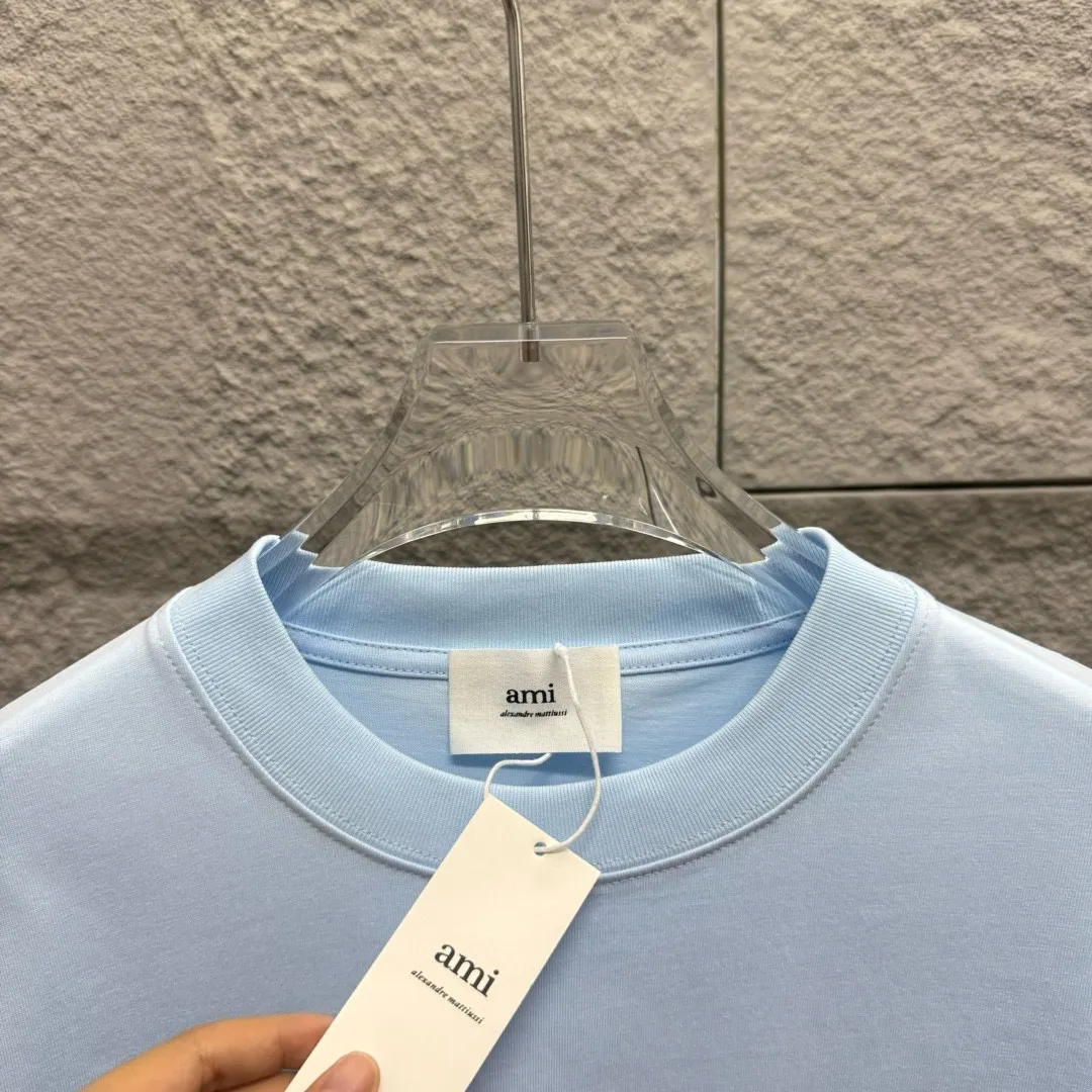 🅿️180 Ami* 2025 spring and summer new style Embroidered red love Customized double yarn plain cotton fabric Short-sleeved T-shirt Uniform for men and women Color: black white light blue light pink Size: S (90-130 pounds) M (120-150 pounds) L (140-165 pounds) XL (160-180 pounds) XXL (180-210 pounds)