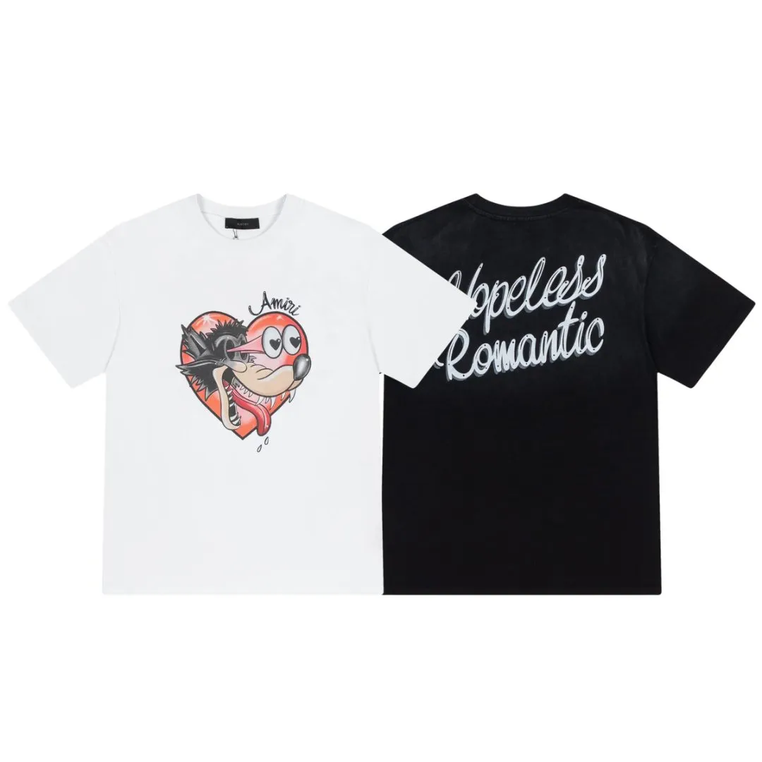 8035#P170, AMIRI cartoon logo, digital direct printing printed washed loose version of T-shirt, made of 300g heavy fabric, color: black, white, size: S M L XL