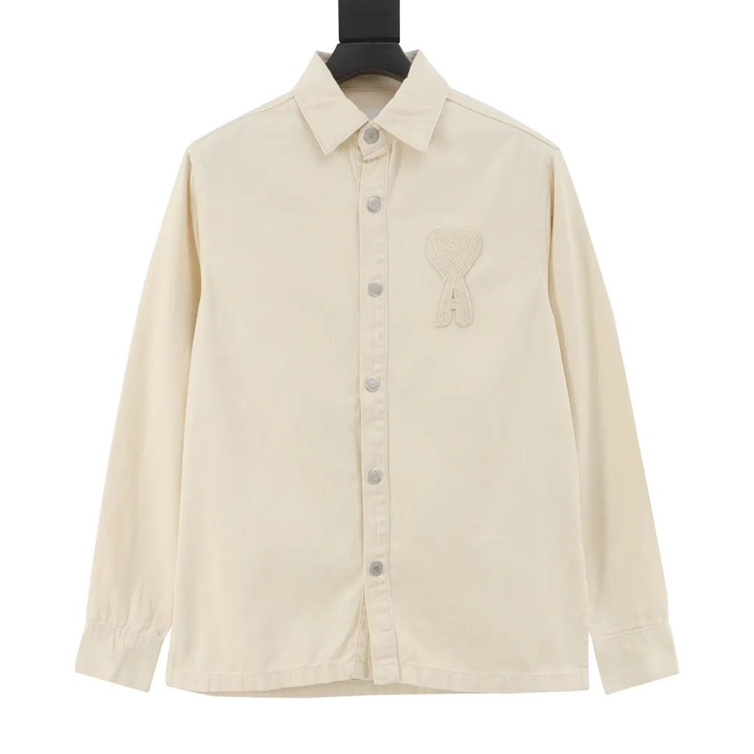 🅿️540 AMI PARIS 25 new autumn and winter woven love embroidered long-sleeved denim loose casual lapel jacket, buttons decorated with LOGO YP, can be worn by men and women, dropped shoulder length, color: apricot, apricot red heart, denim basket size: S-XL