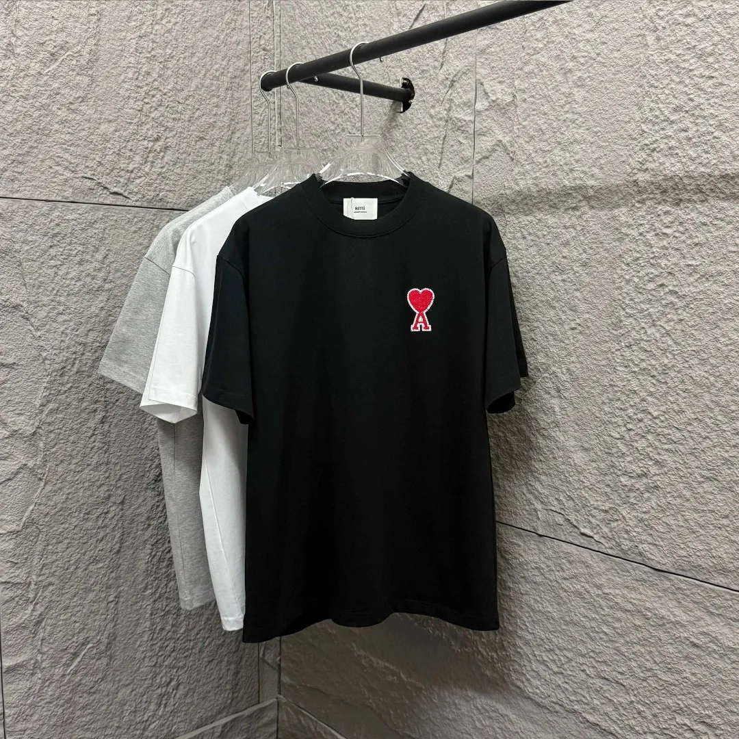 🅿️180 Ami* 2025 spring and summer new style Ami love letter embroidery Customized double yarn plain cotton fabric Short-sleeved T-shirt Uniform for men and women Color: black white floral gray Size: S (90-130 pounds) M (120-150 pounds) L (140-165 pounds) XL (160-180 pounds) XXL (180-210 pounds)