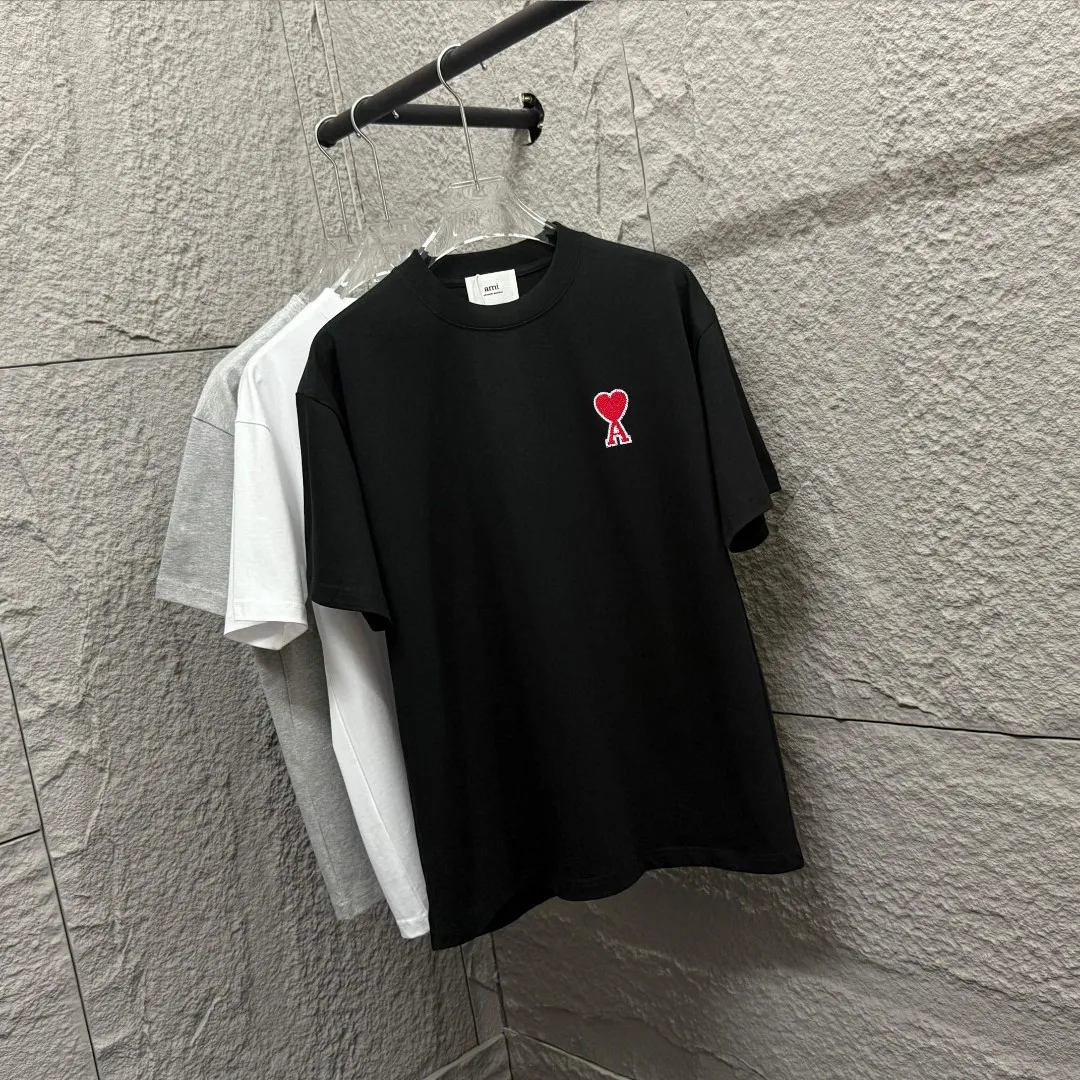 🅿️180 Ami* 2025 spring and summer new style Ami love letter embroidery Customized double yarn plain cotton fabric Short-sleeved T-shirt Uniform for men and women Color: black white floral gray Size: S (90-130 pounds) M (120-150 pounds) L (140-165 pounds) XL (160-180 pounds) XXL (180-210 pounds)