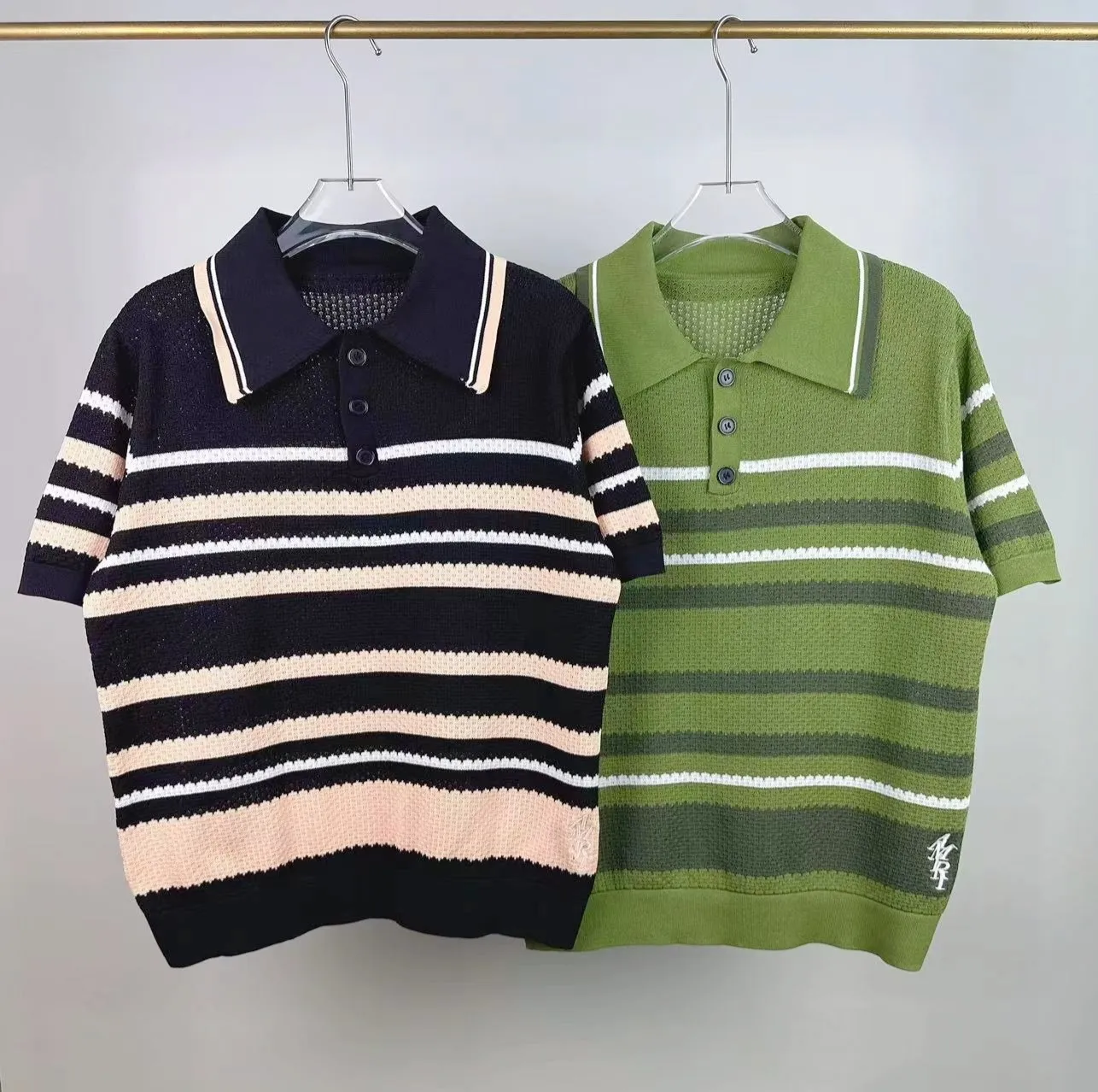 P200 🎉AMIRI new sweater short-sleeved POLO shirt, thin and breathable, embroidered hem, color: green black number: S M L XL XXL