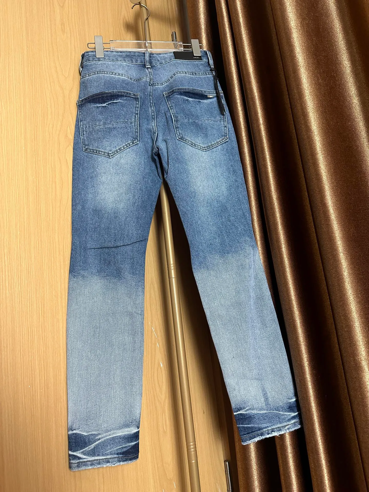 P210 💰 AMIRI's new washed and distressed destroyed coconut tree letter LOGO embroidered high street small-leg narrow-leg jeans Color: Dark Blue Size: S M L xL