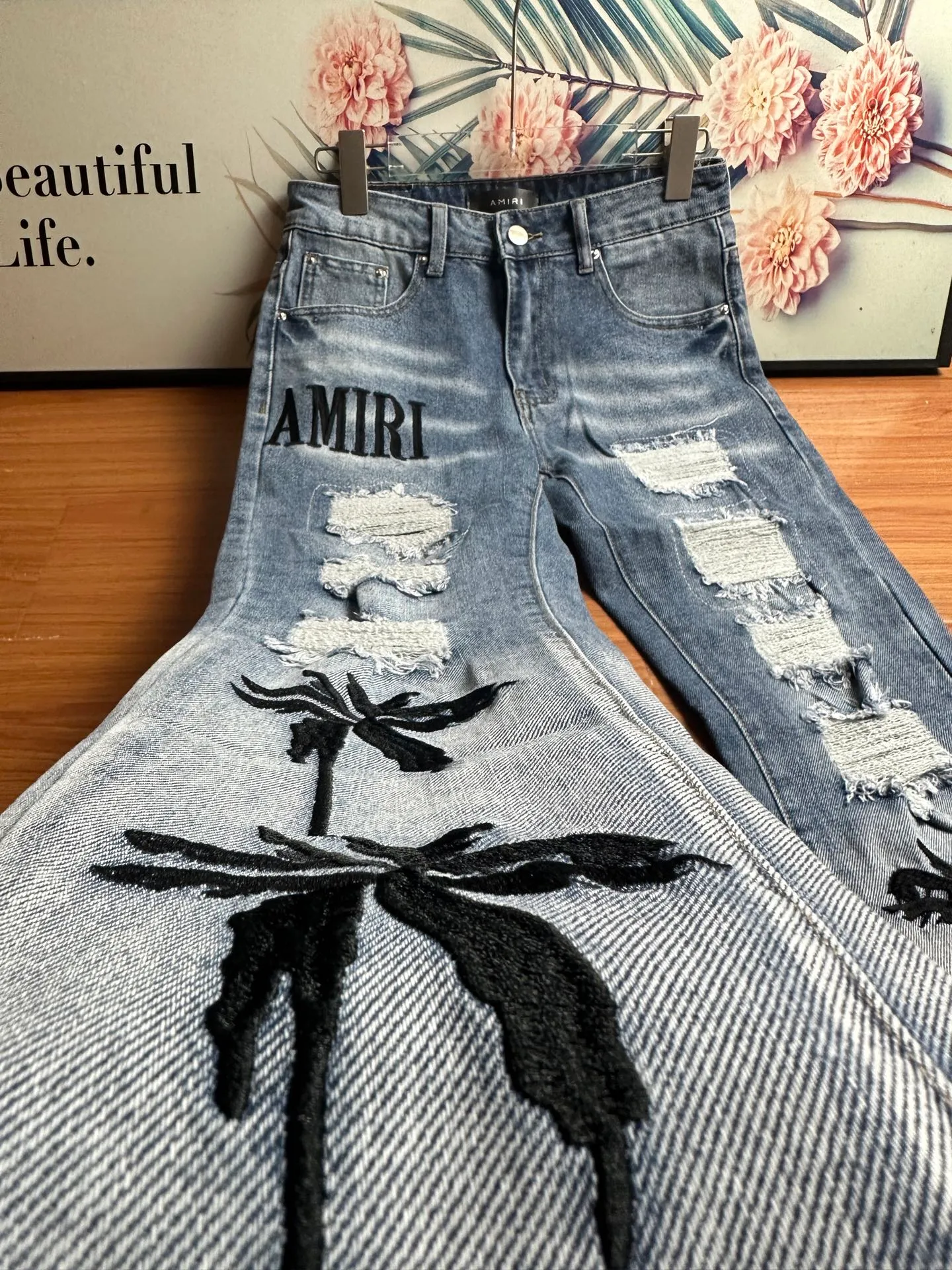 P210 💰 AMIRI's new washed and distressed destroyed coconut tree letter LOGO embroidered high street small-leg narrow-leg jeans Color: Dark Blue Size: S M L xL