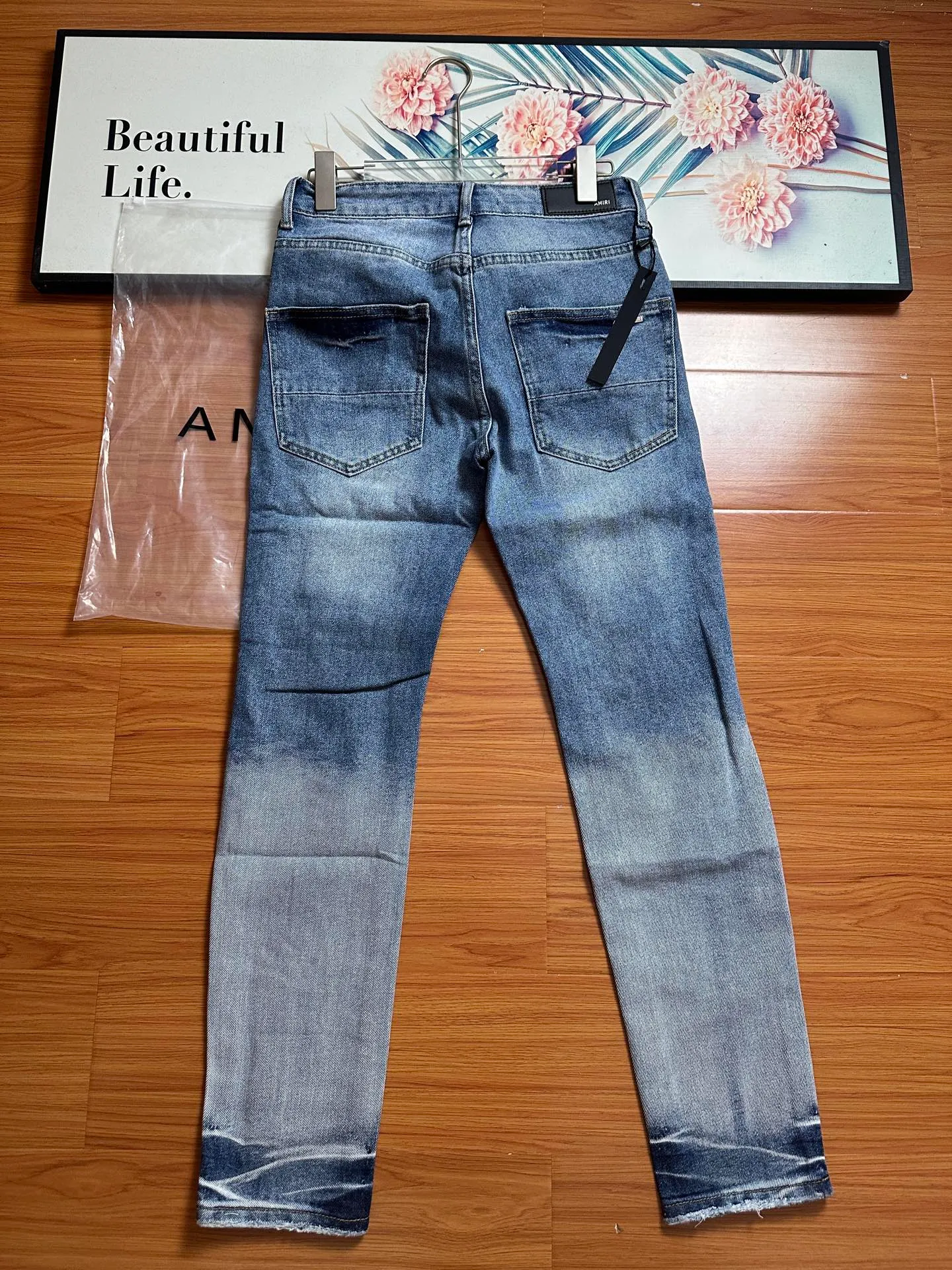 P210 💰 AMIRI's new washed and distressed destroyed coconut tree letter LOGO embroidered high street small-leg narrow-leg jeans Color: Dark Blue Size: S M L xL