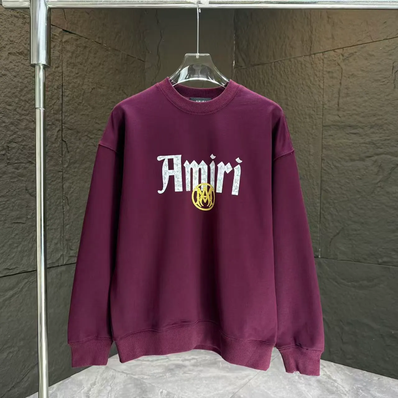 P210 AMIRI* 2025 autumn and winter new round neck sweatshirt 400g terry cotton letter logo three-dimensional thick plate glue ➕ metal diamond Color: Black White Gray Purple Size: S M L XL XXL