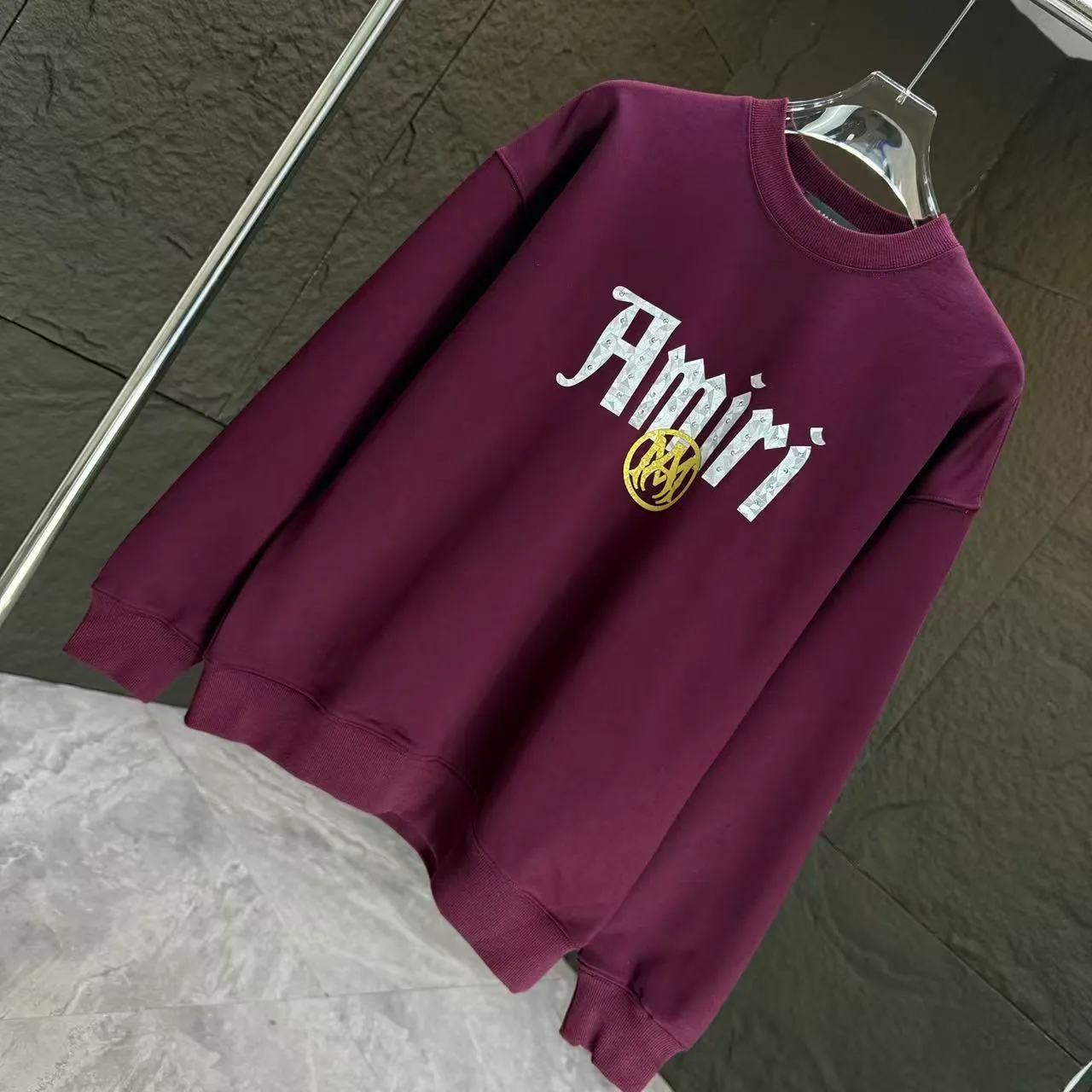 P210 AMIRI* 2025 autumn and winter new round neck sweatshirt 400g terry cotton letter logo three-dimensional thick plate glue ➕ metal diamond Color: Black White Gray Purple Size: S M L XL XXL