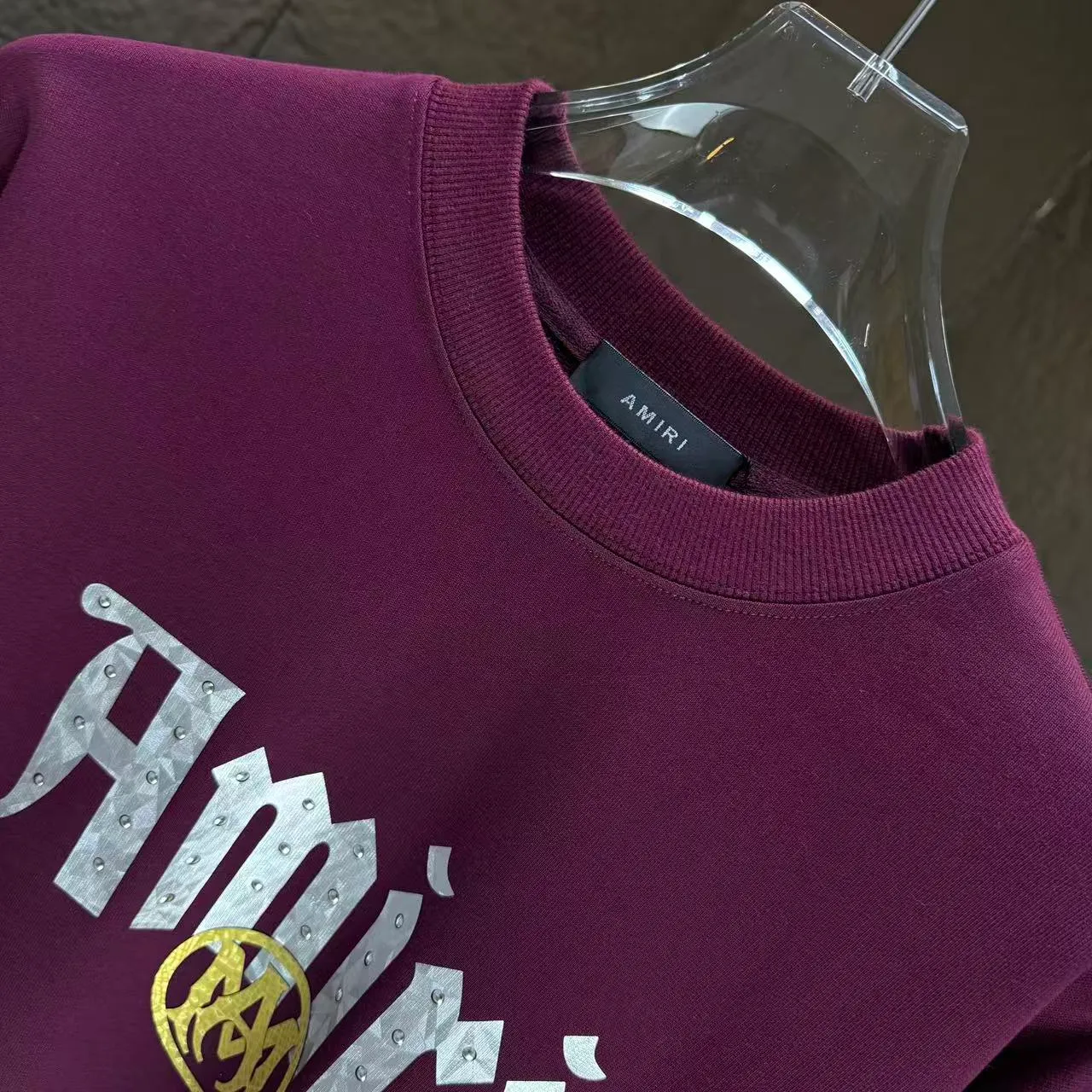 P210 AMIRI* 2025 autumn and winter new round neck sweatshirt 400g terry cotton letter logo three-dimensional thick plate glue ➕ metal diamond Color: Black White Gray Purple Size: S M L XL XXL